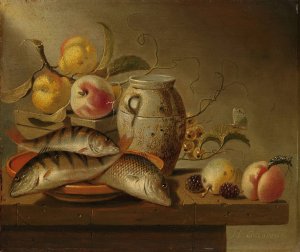 Still Life with Earthenware Jar, Fish and Fruit by Harmen Steenwyck Oil Painting