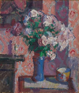 Roses in a Blue Vase by Harold Gilman Oil Painting