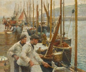 Fishing Boats, Newlyn by Harold Harvey Oil Painting