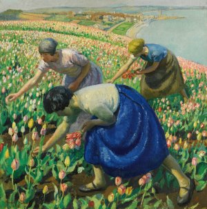 Tulip Pickers by Harold Harvey Oil Painting