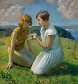 Two young girls with a butterfly by Harold Harvey Two young girls with a butterfly by Harold Harvey Oil Painting