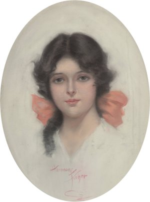 Brunette with Pink Bow by Harrison Fisher Oil Painting