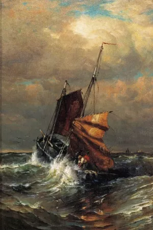 French Lugger Reefing Sail by Harry Aiken Chase Oil Painting