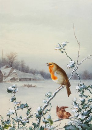 Winter - A Robin and Wren by Harry Bright Oil Painting