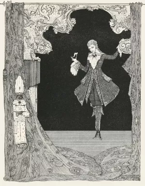 She left behind one of her glass slippers, which the prince took up most carefully by Harry Clarke She left behind one of her glass slippers, which the prince took up most carefully by Harry Clarke Oil Painting