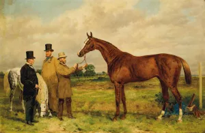 Prince Charlie, Winner of the Two Thousand Guineas, with Portraits of Mr. H. Jones, Owner, and Mr. Joseph Dawson, Trainer by Harry Hall Prince Charlie, Winner of the Two Thousand Guineas, with Portraits of Mr. H. Jones, Owner, and Mr. Joseph Dawson, Trainer by Harry Hall Oil Painting