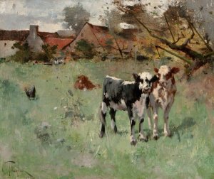 Two Cows in a Pasture by Harry Ives Thompson Oil Painting