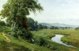 An Extensive River Landscape with a Young Girl Balancing on a Gate painting by Harry Sutton Palmer