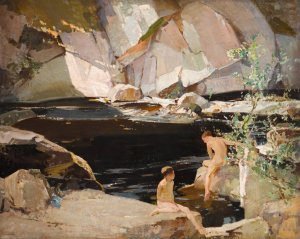 Two Boys Bathing in a Rockpool by Harry Watson Oil Painting