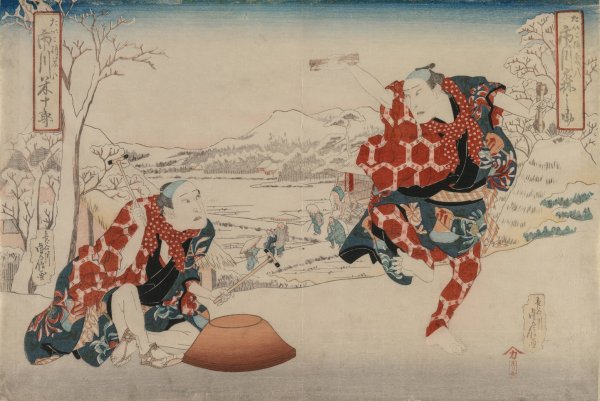 Ichikawa Norinosuke and Ichikawa Yonejuro as Morihachi and Yonehachi, Two Comedians  by Hasegawa Sadanobu - Hand-Painted Oil Painting Reproduction