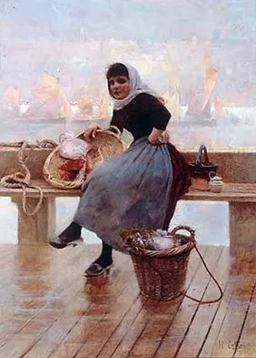 A Fishergirl on the Quay painting by Hector Caffieri
