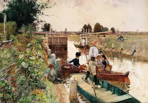 Boaters in a Lock on the Thames painting by Hector Caffieri