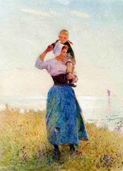 Main Product Photo of Woman and Child in a Meadow Painting by Hector Caffieri