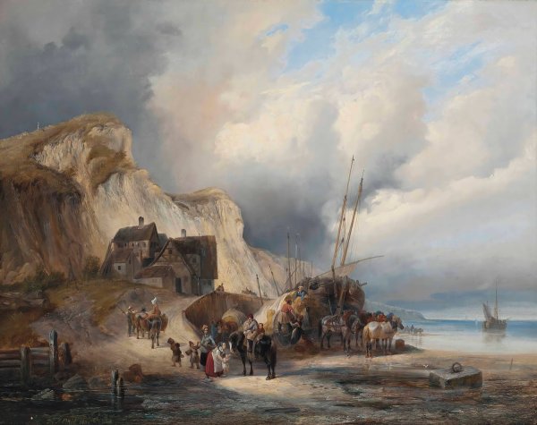 Loading Hay on the Normandy Coast  by Heinrich Ambros Eckert - Hand-Painted Oil Painting Reproduction