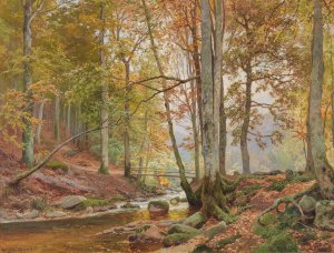 Autumn Woodland with Bridge over a Stream by Heinrich Bohmer Oil Painting