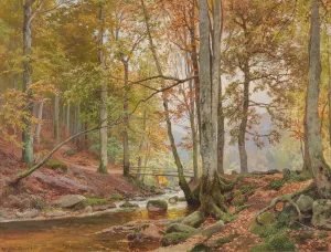 Autumn Woodland with Bridge over a Stream by Heinrich Bohmer Oil Painting