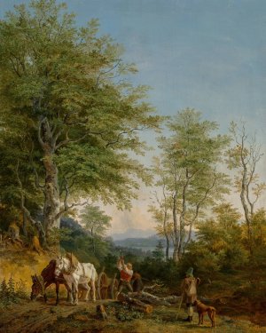 An Italianate wooded landscape with a woodcutter and his team of horses and a passerby with his dog by Heinrich Burkel Oil Painting