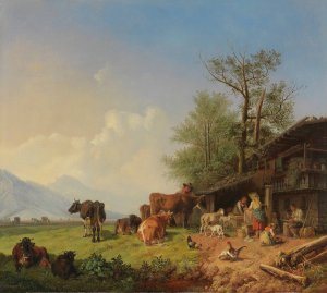 Bauernhof mit Brunnen by Heinrich Burkel Oil Painting