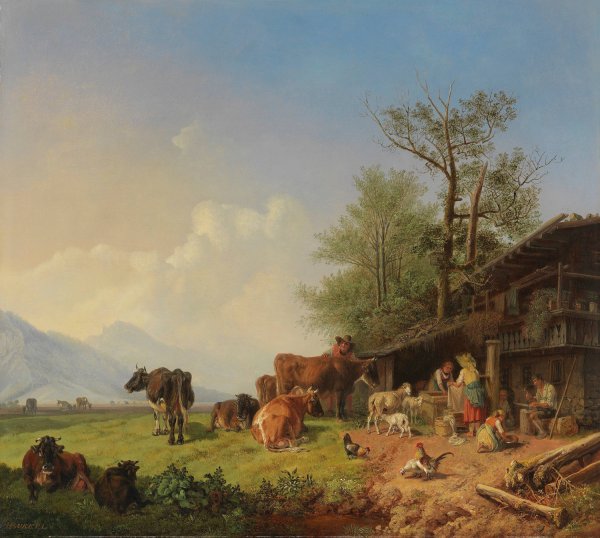 Bauernhof mit Brunnen  by Heinrich Burkel - Hand-Painted Oil Painting Reproduction
