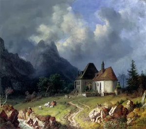 Das Kirchlein von Hinterriss, Im Hintergrund das Wettersteingebirge by Heinrich Burkel - Oil Painting Reproduction