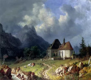 Das Kirchlein von Hinterriss, Im Hintergrund das Wettersteingebirge Oil painting by Heinrich Burkel