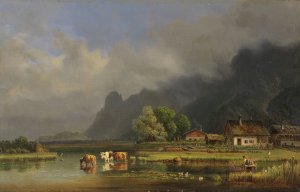 Der Kochelsee mit den Hausern von Schlehdorf by Heinrich Burkel Oil Painting