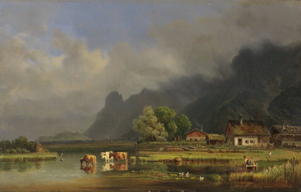 Der Kochelsee mit den Hausern von Schlehdorf  by Heinrich Burkel - Hand-Painted Oil Painting Reproduction