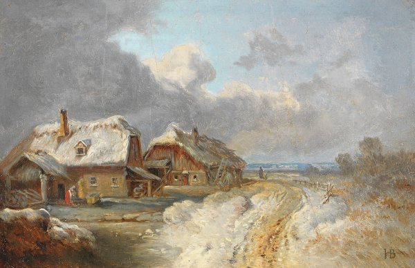 Die Hauser von Forstenried im Winter  by Heinrich Burkel - Hand-Painted Oil Painting Reproduction
