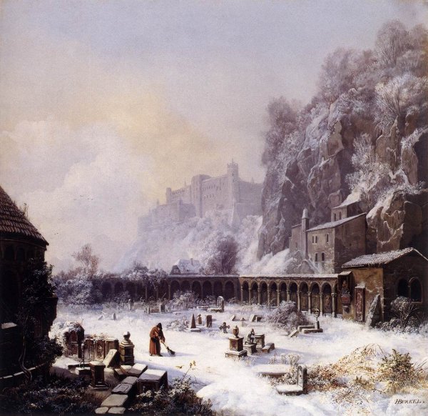 Graveyard of St. Peter's in Winter by Heinrich Burkel - Hand-Painted Oil Painting Reproduction