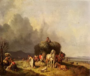Loading The Hay-Wagon by Heinrich Burkel - Oil Painting Reproduction