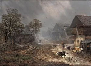 Rain Shower in Patenkirchen by Heinrich Burkel - Oil Painting Reproduction