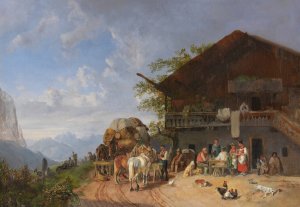Rast vor einem Gasthof in den Bergen by Heinrich Burkel Oil Painting