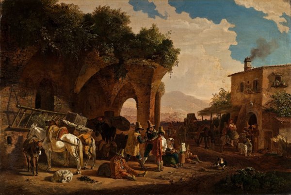 Scene In Front Of An Italian Osteria  by Heinrich Burkel - Hand-Painted Oil Painting Reproduction