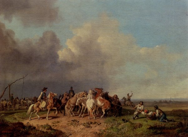 The Horse Round-Up by Heinrich Burkel - Hand-Painted Oil Painting Reproduction