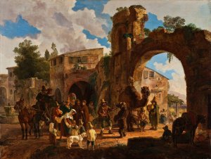 The Performing Bears Come To An Italian Village by Heinrich Burkel Oil Painting