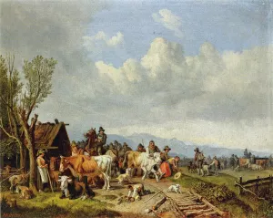 The Village Cattle Market by Heinrich Burkel Oil Painting