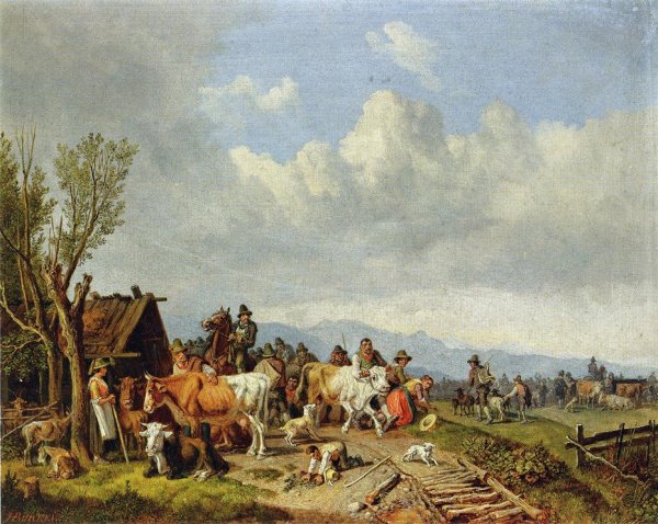 The Village Cattle Market by Heinrich Burkel - Hand-Painted Oil Painting Reproduction