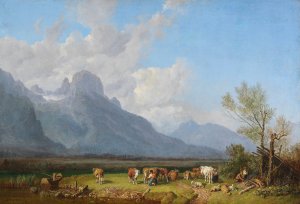 Viehhirten am Seeufer by Heinrich Burkel Oil Painting
