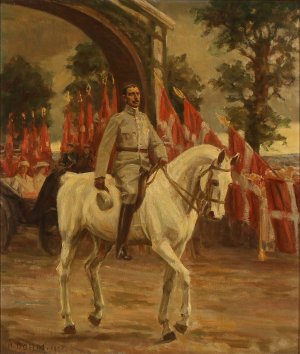 Genforeningen den 10. juli 1920. Kong Christian X rider igennem aeresporten ved Frederikhoj by Heinrich Dohm Oil Painting
