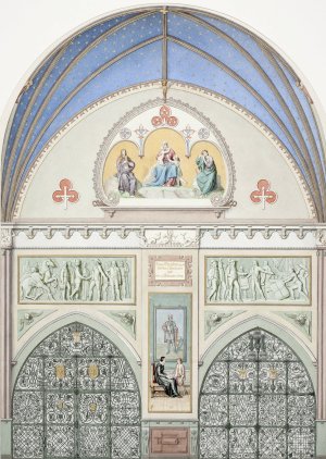Udkast til hvaelvingens dekoration i Christian IV's kapel i Roskilde Domkirke. I midten Christian IV som barn. Herover to friser med scener fra kongens liv by Heinrich Eddelien Oil Painting