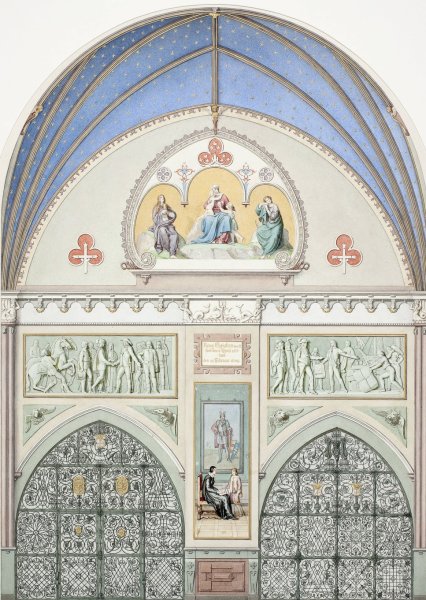 Udkast til hvaelvingens dekoration i Christian IV's kapel i Roskilde Domkirke. I midten Christian IV som barn. Herover to friser med scener fra kongens liv  by Heinrich Eddelien - Hand-Painted Oil Painting Reproduction