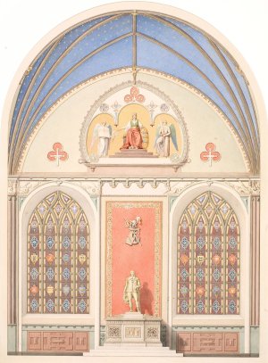 Udkast til hvaelvingens dekoration i Christian IV's kapel i Roskilde Domkirke. Udsmykning i midten med statue af Christian IV by Heinrich Eddelien Oil Painting
