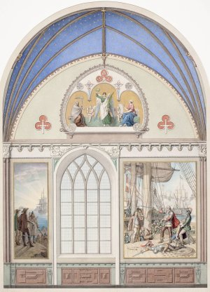 Udkast til hvaelvingens dekoration i Christian IV's kapel i Roskilde Domkirke. Udsmykning t.h. med Chr. IV pa Trefoldigheden by Heinrich Eddelien Oil Painting