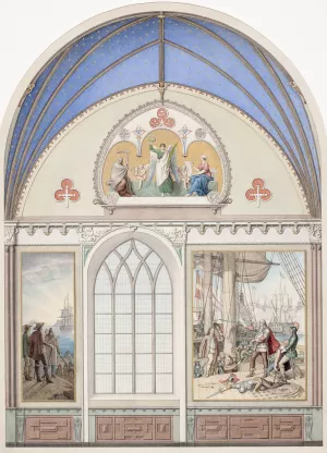 Udkast til hvaelvingens dekoration i Christian IV's kapel i Roskilde Domkirke. Udsmykning t.h. med Chr. IV pa Trefoldigheden Oil painting by Heinrich Eddelien