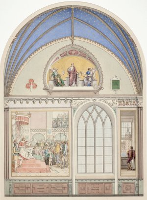 Udkast til hvaelvingens dekoration i Christian IV's kapel i Roskilde Domkirke. Udsmykning t.v. med Chr. IV som dommer by Heinrich Eddelien Oil Painting
