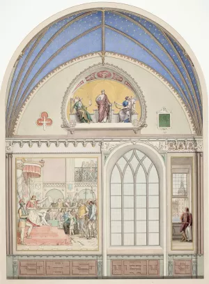 Udkast til hvaelvingens dekoration i Christian IV's kapel i Roskilde Domkirke. Udsmykning t.v. med Chr. IV som dommer by Heinrich Eddelien Oil Painting