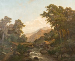 Romantic landscape with castle and wild stream by Heinrich Eduard Heyn Oil Painting