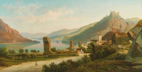 Town on the Rhine by Heinrich Eduard Heyn - Hand-Painted Oil Painting Reproduction