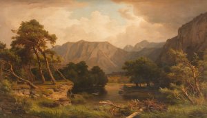 Mountain lake with herons by Heinrich Funk Oil Painting