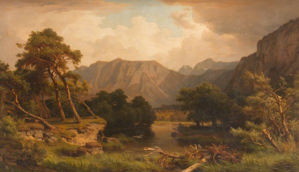 Mountain lake with herons by Heinrich Funk - Hand-Painted Oil Painting Reproduction